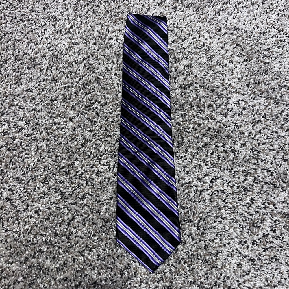 Chaps Mens Necktie Purple Black Silver Diagonal Striped Classic Silk Blend Tie